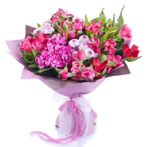 Bukiet Kwiatów Mieszanych W Kolorystyce Fioletowo-Różowej Alstromeria, Santini, Róża, Margaretka, Salal