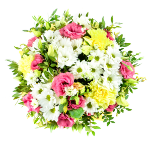 bukiet mieszany z kolorowych kwiatów biała margaretka, Eustoma, Goździk, Pistacja