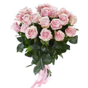 duży bukiet różowych długich róż przewiązany różową wstążką