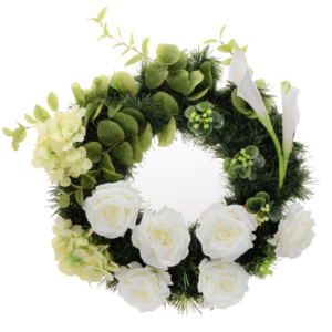 wianek pogrzebowy na cmentarz z białych róż i zielonej choinki w kształcie koła