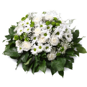 wiązanka pogrzebowa na cmentarz z białych drobnych chryzantem z białymi kwiatami gipsówką i zielonymi liśćmi